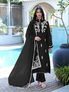 Nikhaar Black Embroidered Modal Silk Stitched Straight Cut Kurta Pants Dupatta Readymade Suit | Grocsy