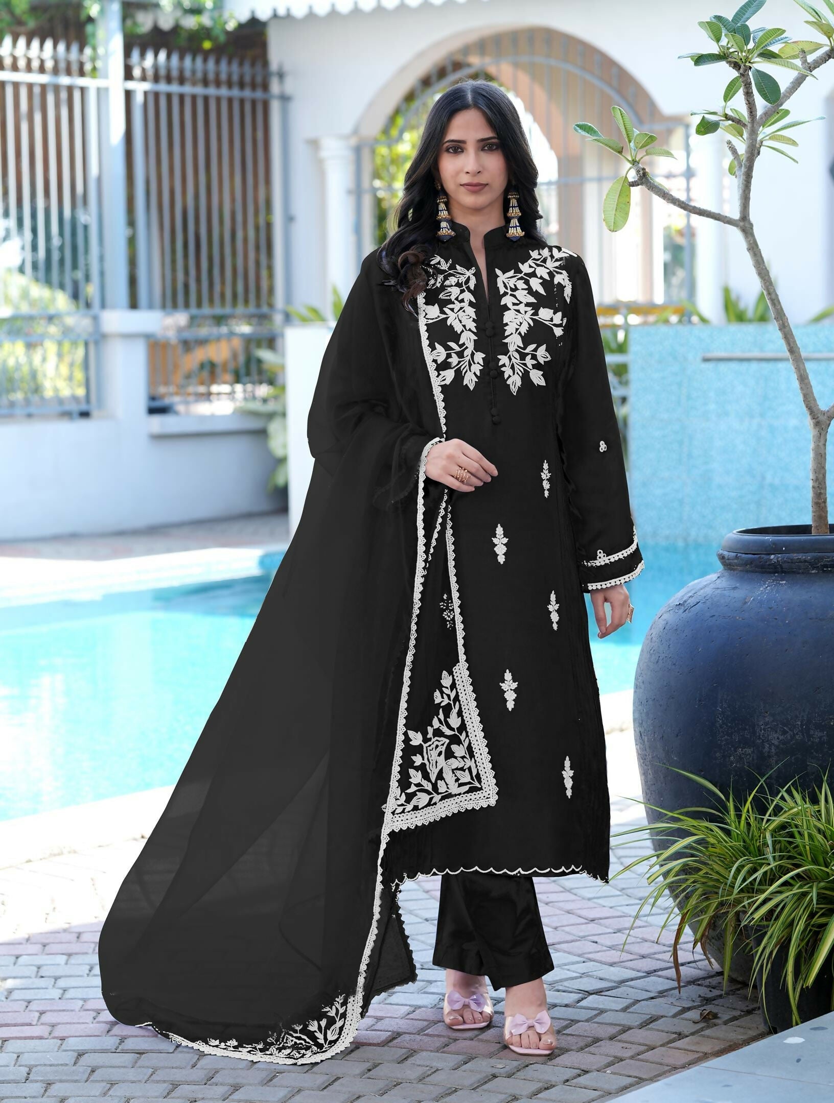 Nikhaar Black Embroidered Modal Silk Stitched Straight Cut Kurta Pants Dupatta Readymade Suit | Grocsy
