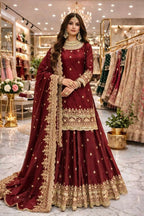 Teeya Creation Maroon Color Fendy Satin Heavy Embroidery Work Wedding Wear Stitched Lehenga Choli | Grocsy