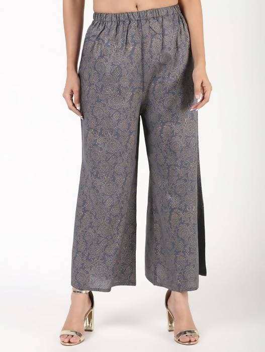 Aniyah Rayon Gold Print Flared Grey Palazzo (AN-155K) | Grocsy