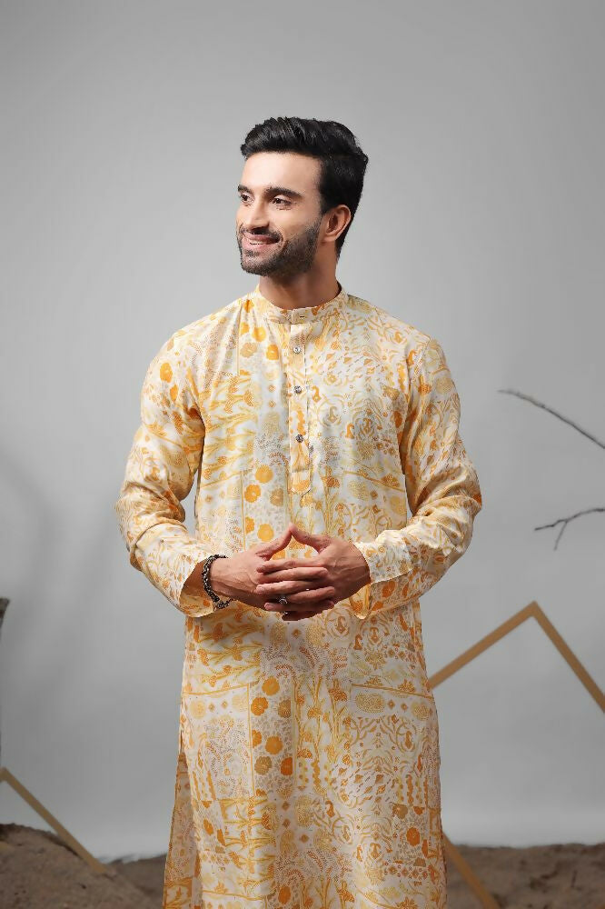 Yellow Modal Silk Designer Printed Kurta Set - Mahotsav | Grocsy