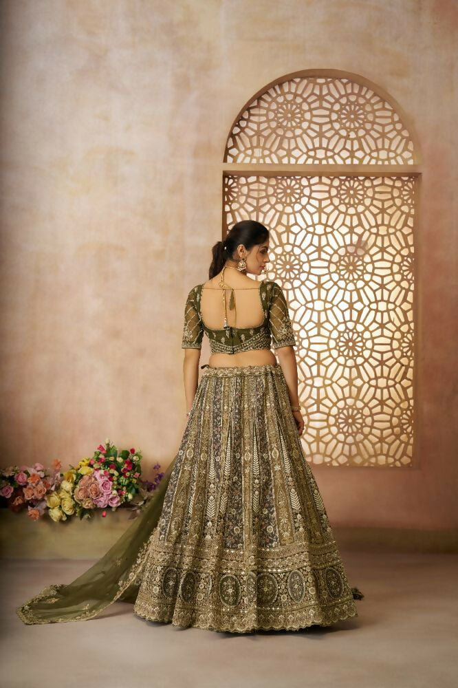 Kesar Fab Mehendi Net Hand_Woven Lehenga | Grocsy