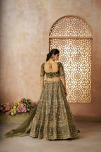 Kesar Fab Mehendi Net Hand_Woven Lehenga | Grocsy