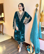 Joban Fashion Deep teal Velvet Embroidery Kurta Set | Grocsy