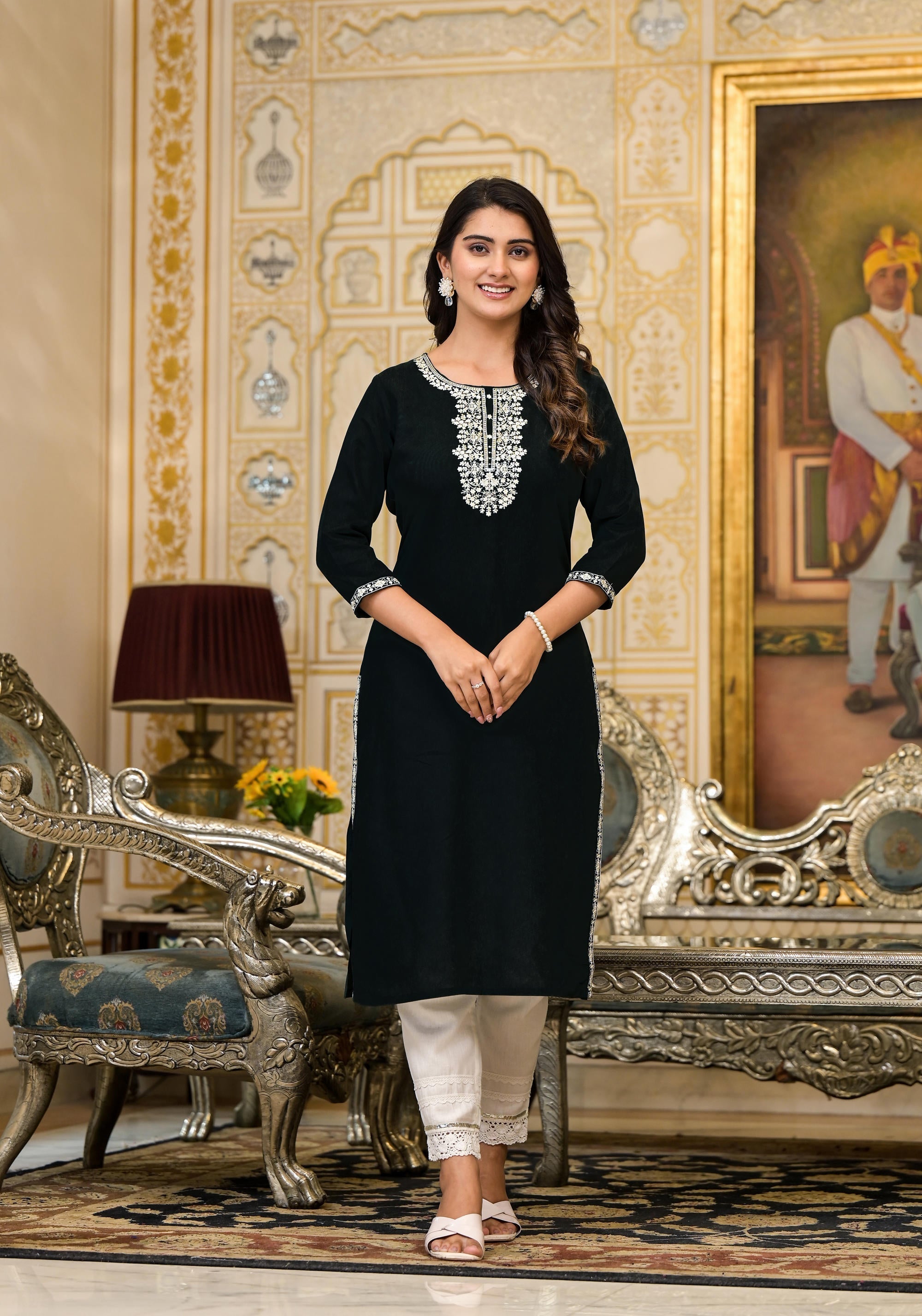 Juniper Women's Blackthread Embroidered Rayon Kurta | Grocsy