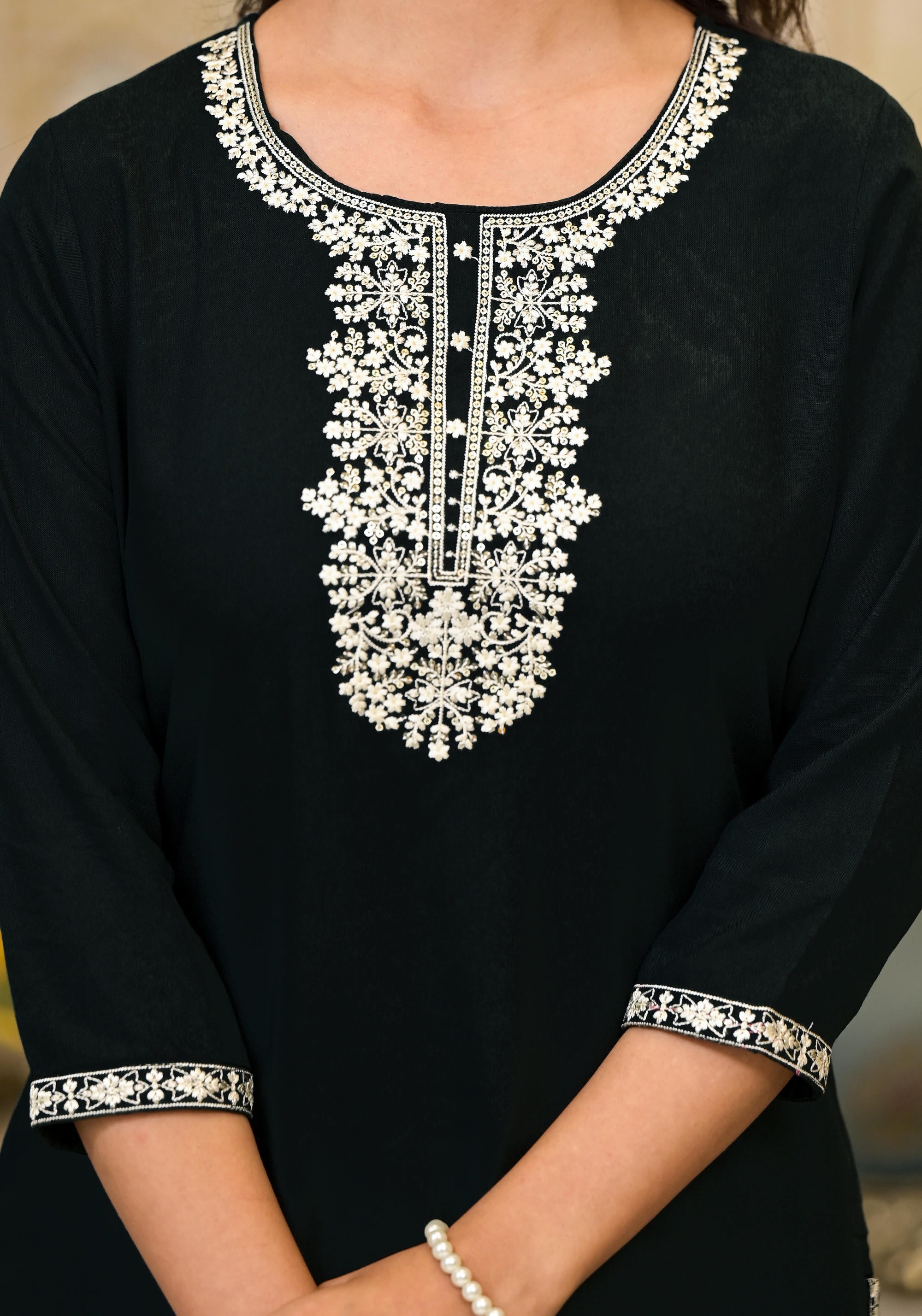Juniper Women's Blackthread Embroidered Rayon Kurta | Grocsy
