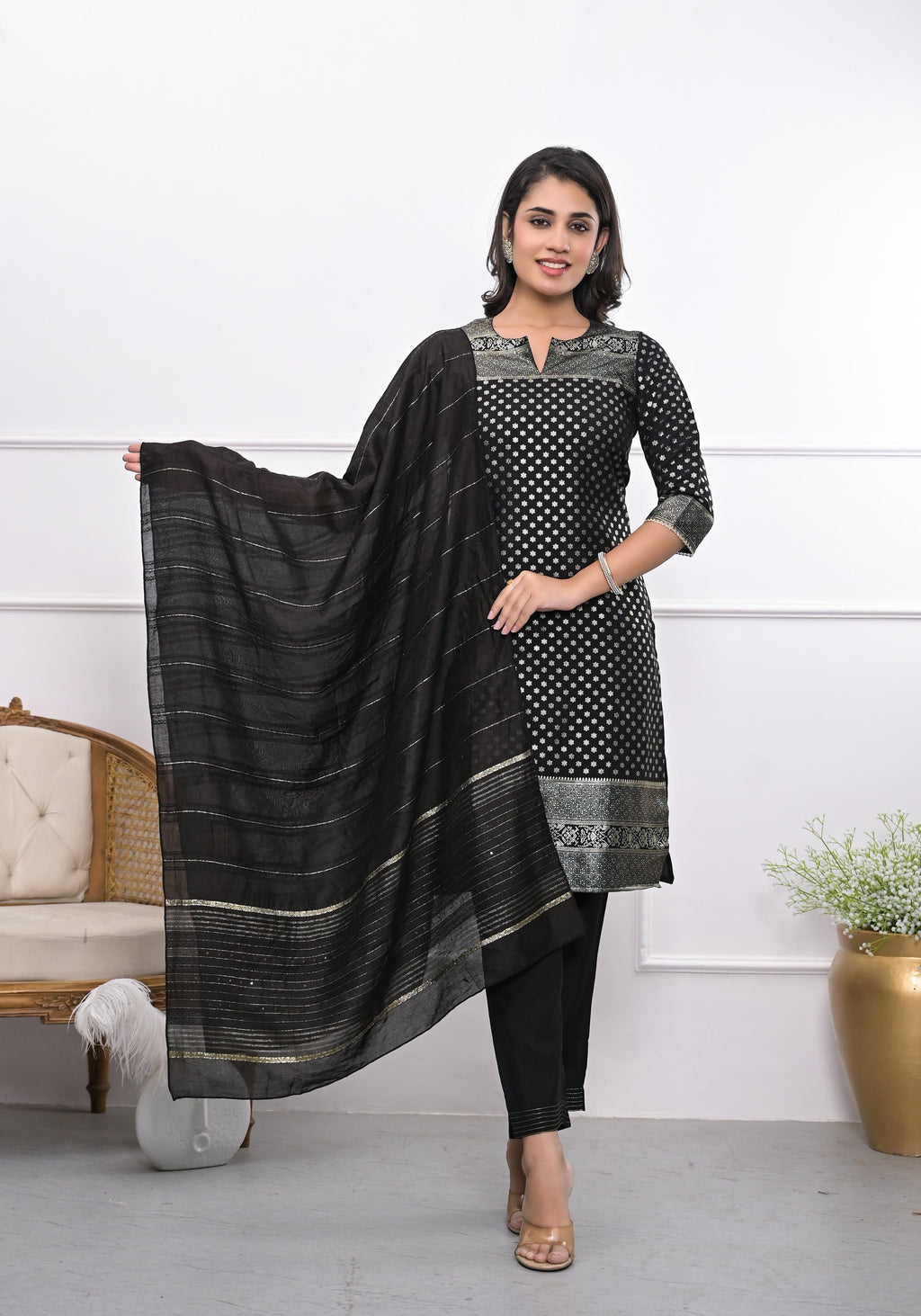 Juniper Women's Black Ethnic Motif Printed Silk Kurta Set With Zari Work | Grocsy