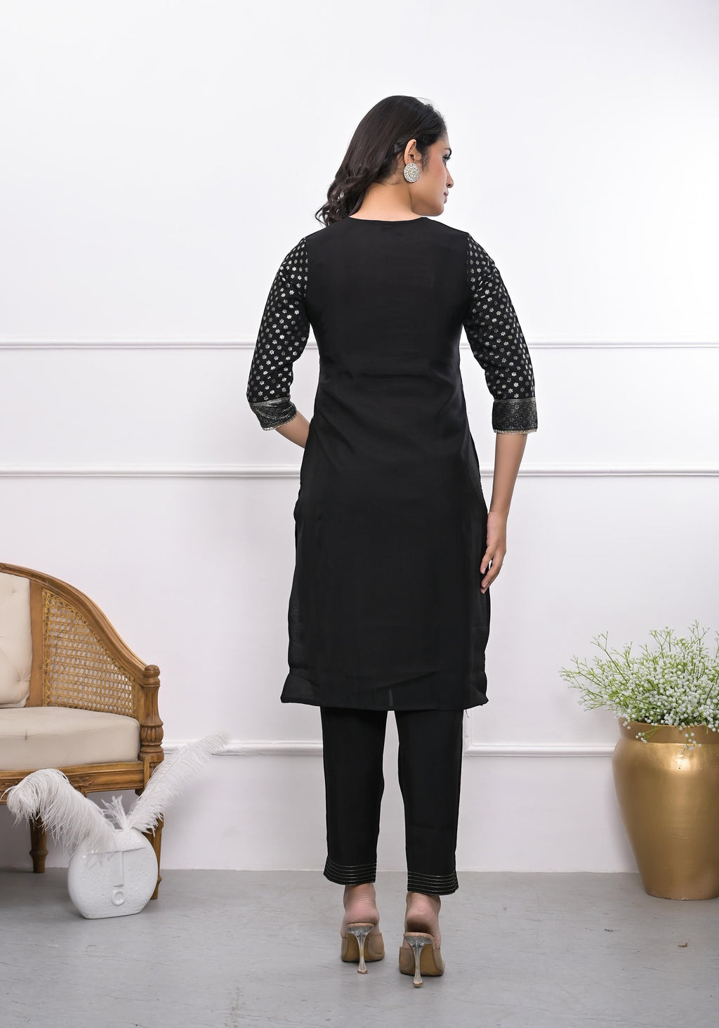 Juniper Women's Black Ethnic Motif Printed Silk Kurta Set With Zari Work | Grocsy