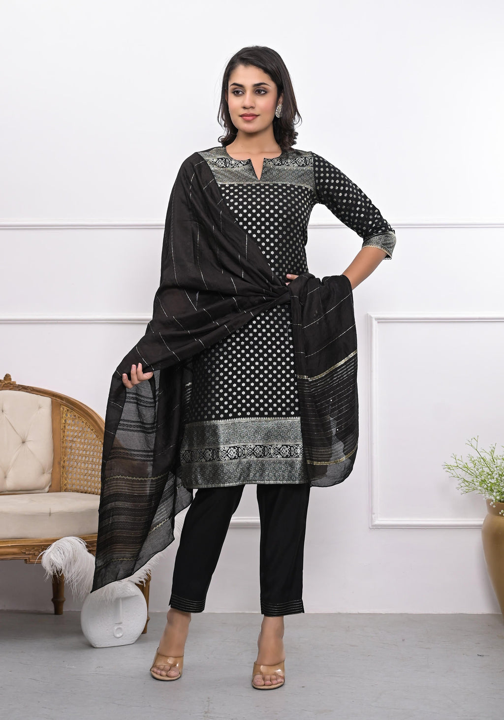 Juniper Women's Black Ethnic Motif Printed Silk Kurta Set With Zari Work | Grocsy