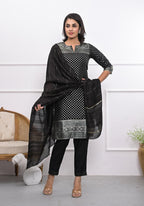 Juniper Women's Black Ethnic Motif Printed Silk Kurta Set With Zari Work | Grocsy