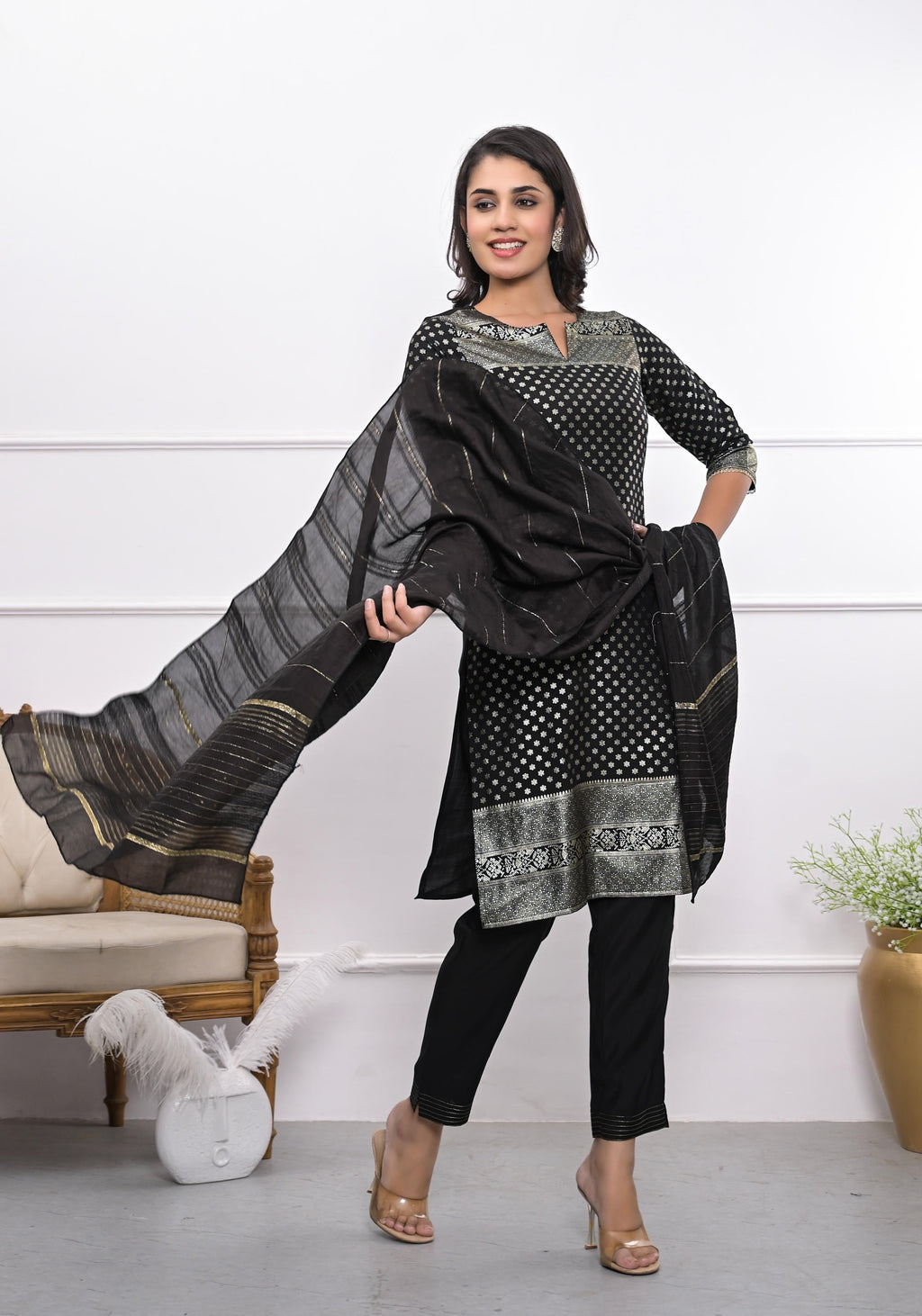 Juniper Women's Black Ethnic Motif Printed Silk Kurta Set With Zari Work | Grocsy
