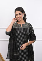 Juniper Women's Black Ethnic Motif Printed Silk Kurta Set With Zari Work | Grocsy