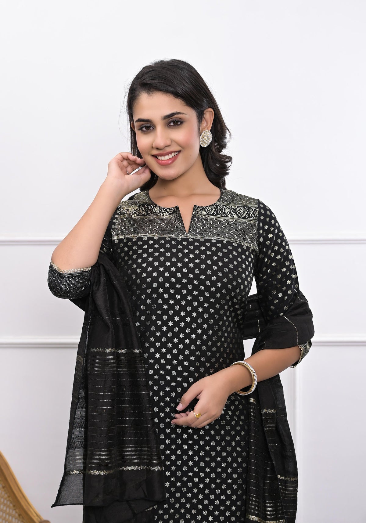 Juniper Women's Black Ethnic Motif Printed Silk Kurta Set With Zari Work | Grocsy