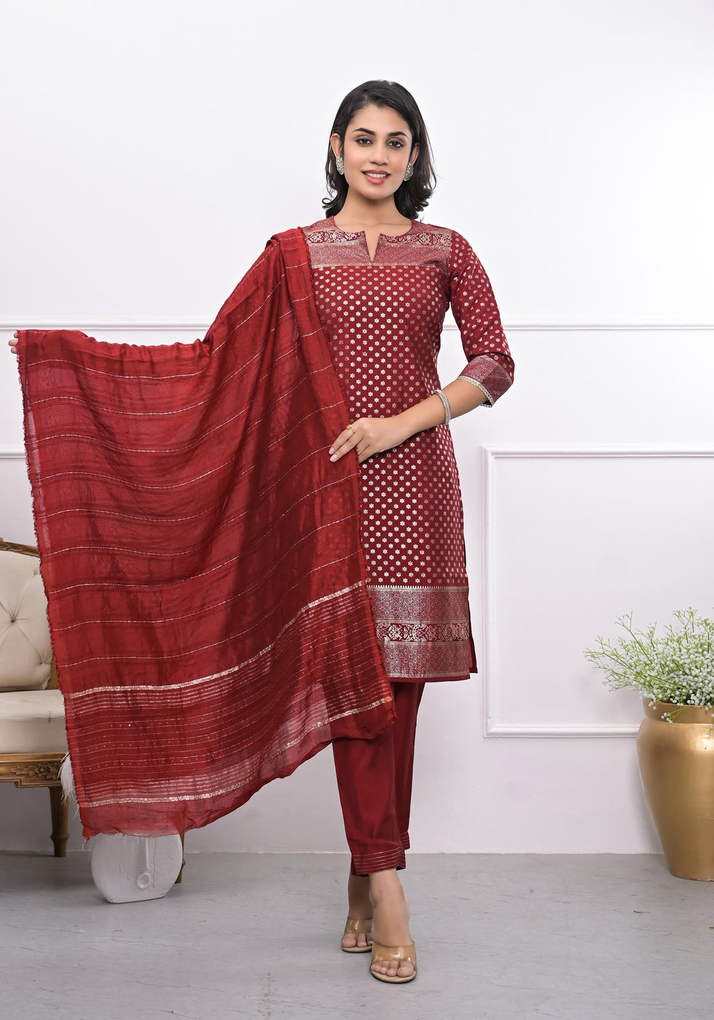 Juniper Women's Maroon Ethnic Motif Printed Silk Kurta Set With Zari Work | Grocsy