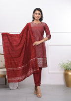 Juniper Women's Maroon Ethnic Motif Printed Silk Kurta Set With Zari Work | Grocsy