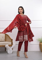 Juniper Women's Maroon Ethnic Motif Printed Silk Kurta Set With Zari Work | Grocsy