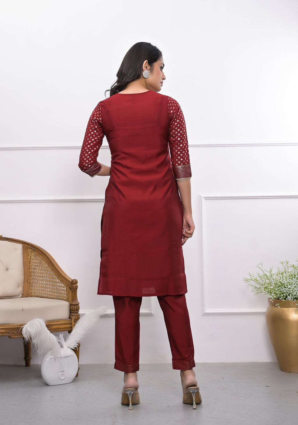 Juniper Women's Maroon Ethnic Motif Printed Silk Kurta Set With Zari Work | Grocsy