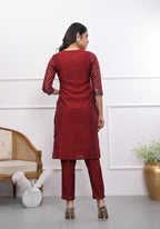 Juniper Women's Maroon Ethnic Motif Printed Silk Kurta Set With Zari Work | Grocsy