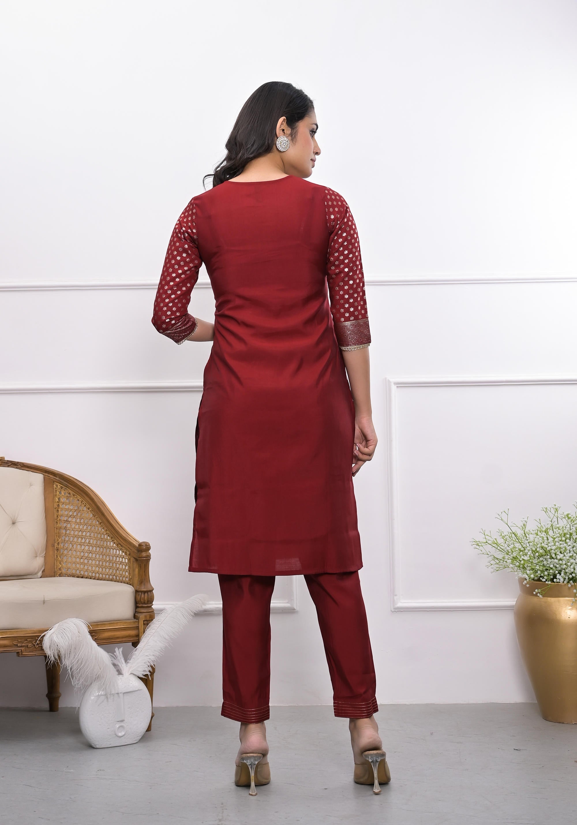 Juniper Women's Maroon Ethnic Motif Printed Silk Kurta Set With Zari Work | Grocsy