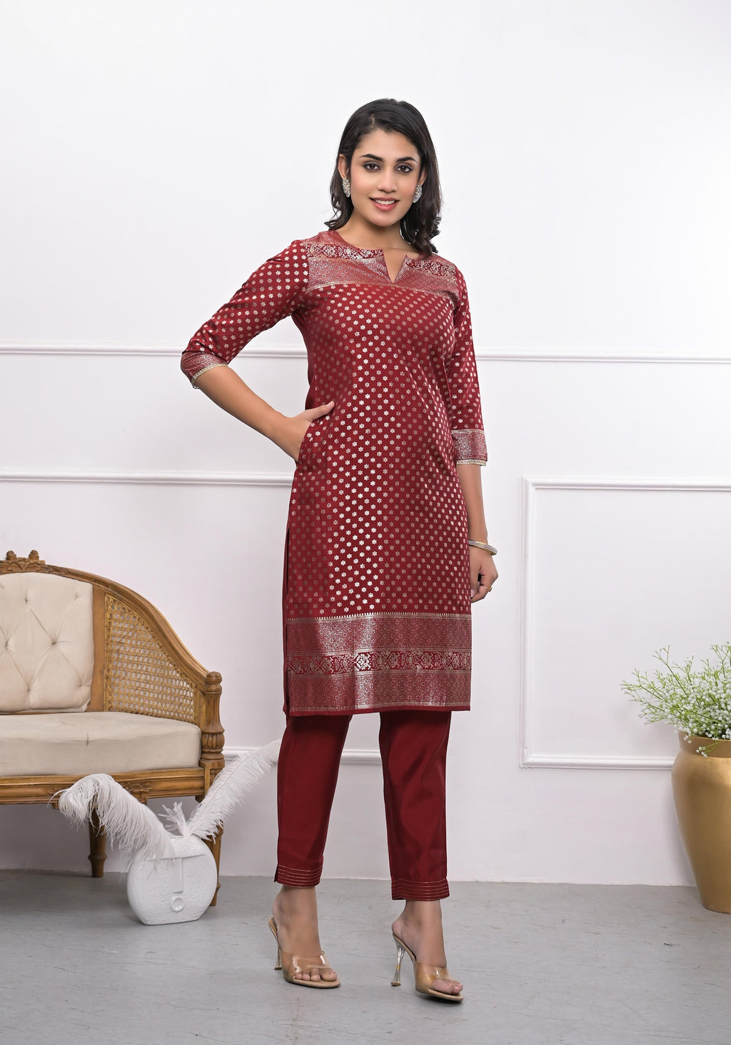 Juniper Women's Maroon Ethnic Motif Printed Silk Kurta Set With Zari Work | Grocsy