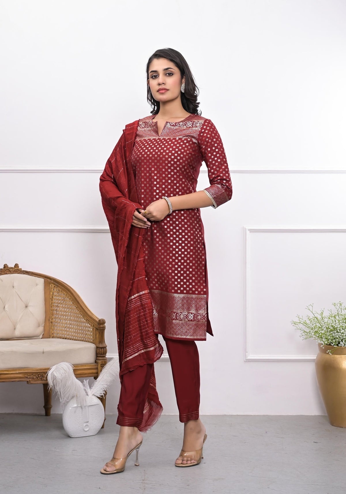 Juniper Women's Maroon Ethnic Motif Printed Silk Kurta Set With Zari Work | Grocsy