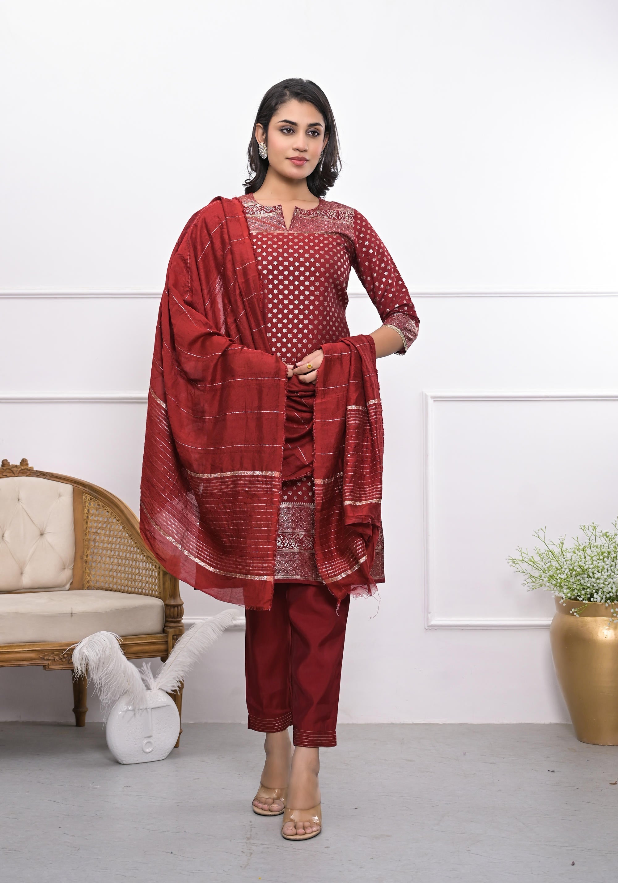 Juniper Women's Maroon Ethnic Motif Printed Silk Kurta Set With Zari Work | Grocsy