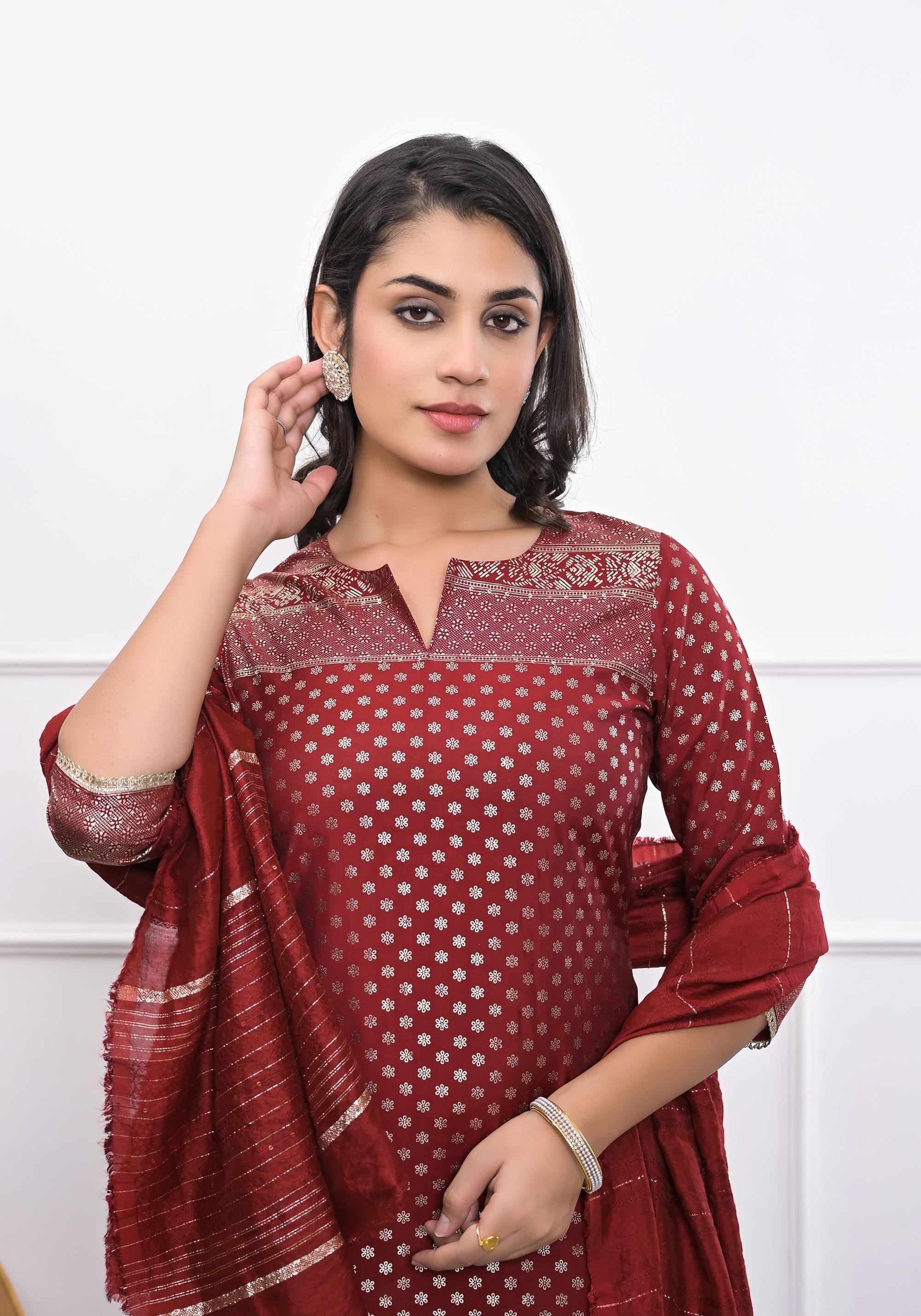 Juniper Women's Maroon Ethnic Motif Printed Silk Kurta Set With Zari Work | Grocsy