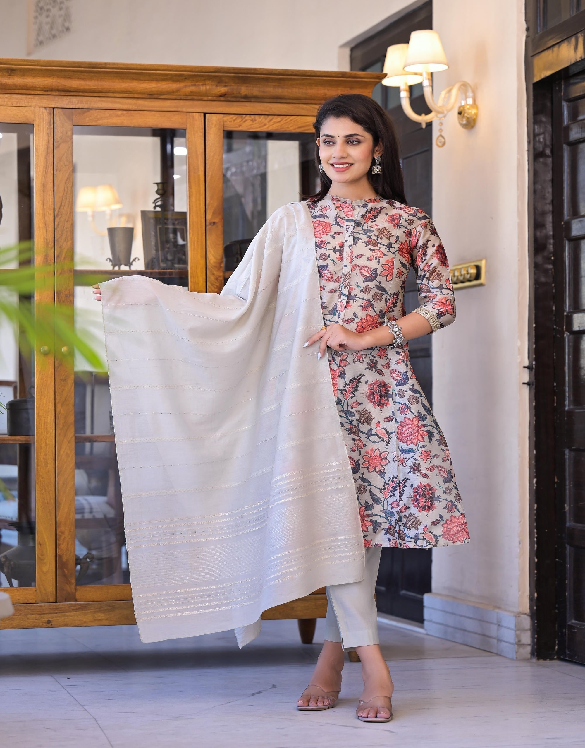Juniper Women's Off White Floral Printed Silk Kurta Set With Sequins | Grocsy
