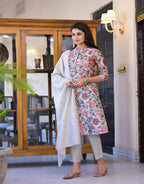 Juniper Women's Off White Floral Printed Silk Kurta Set With Sequins | Grocsy