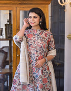 Juniper Women's Off White Floral Printed Silk Kurta Set With Sequins | Grocsy