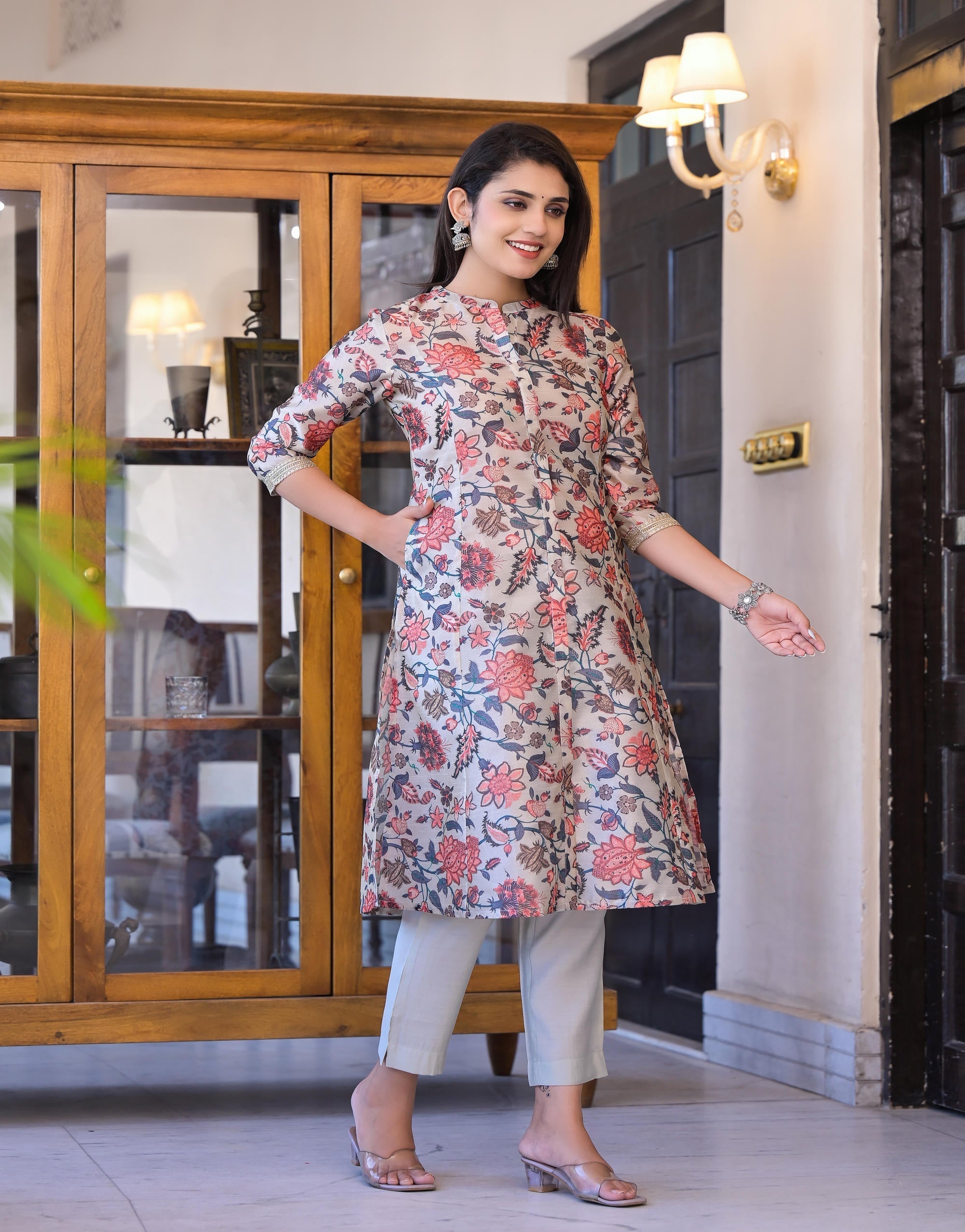 Juniper Women's Off White Floral Printed Silk Kurta Set With Sequins | Grocsy