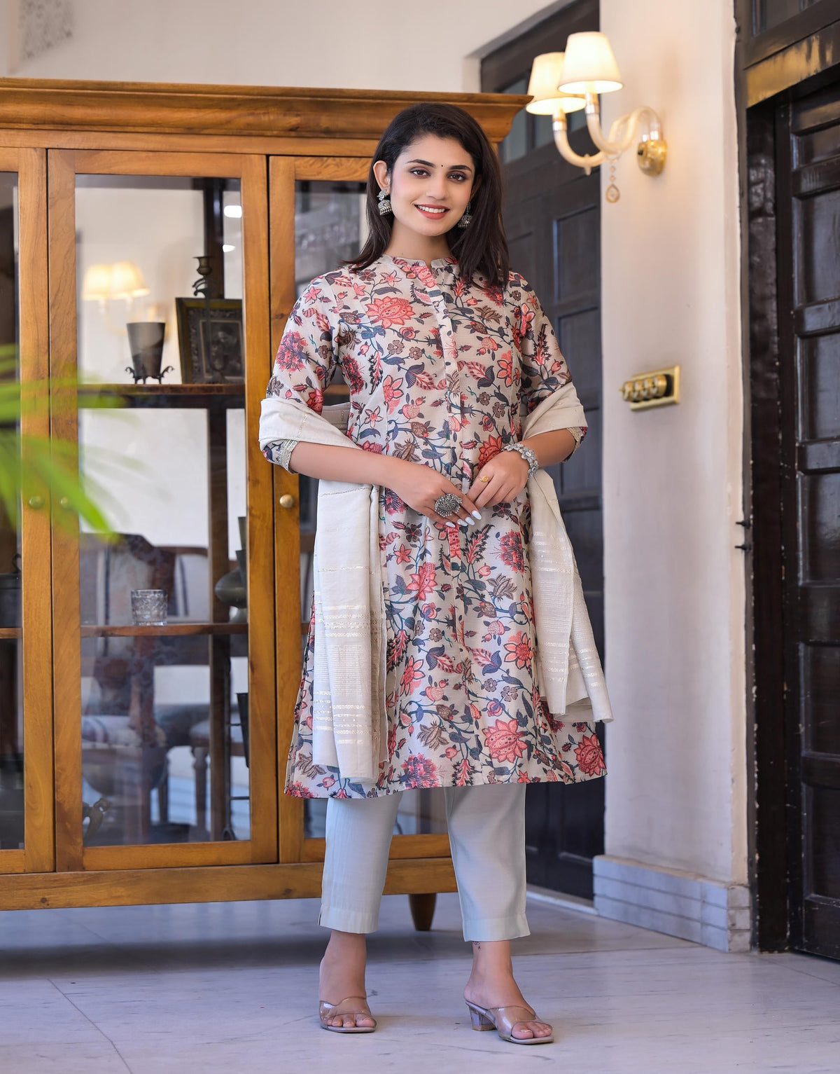 Juniper Women's Off White Floral Printed Silk Kurta Set With Sequins | Grocsy