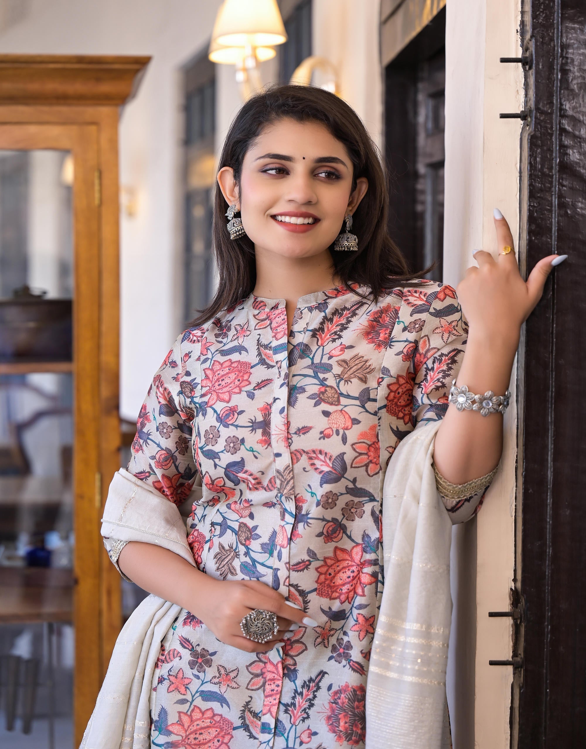 Juniper Women's Off White Floral Printed Silk Kurta Set With Sequins | Grocsy
