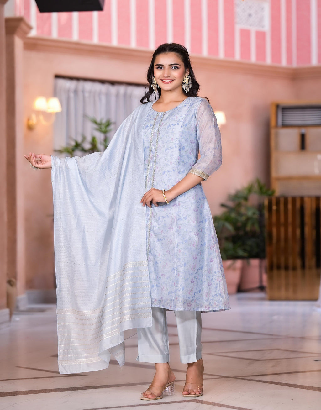 Juniper Women's Grey Floral Printed Chanderi Kurta Set With Lace & Buttons | Grocsy