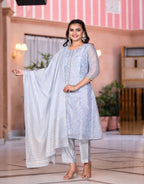 Juniper Women's Grey Floral Printed Chanderi Kurta Set With Lace & Buttons | Grocsy