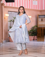 Juniper Women's Grey Floral Printed Chanderi Kurta Set With Lace & Buttons | Grocsy
