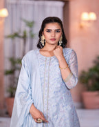 Juniper Women's Grey Floral Printed Chanderi Kurta Set With Lace & Buttons | Grocsy