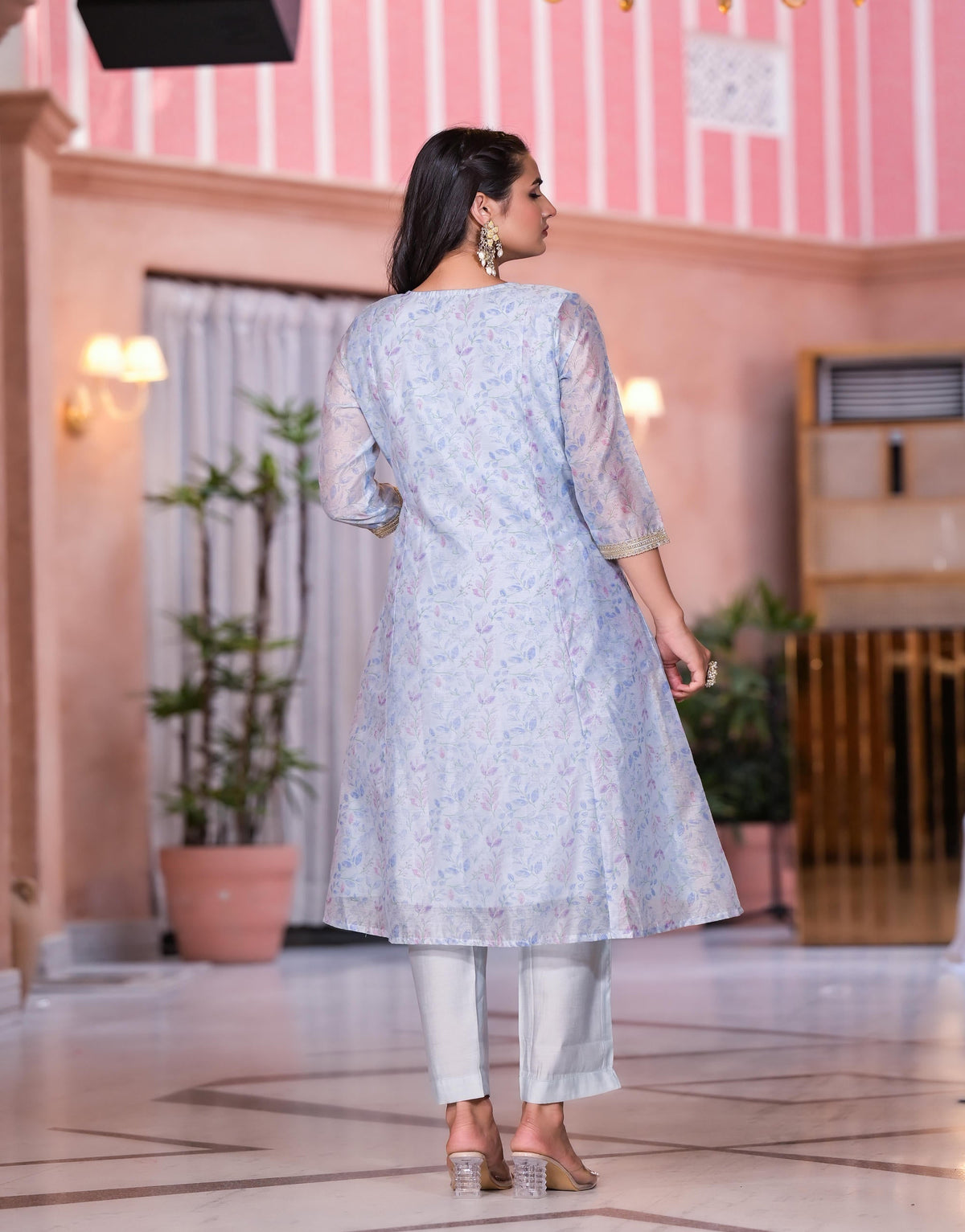 Juniper Women's Grey Floral Printed Chanderi Kurta Set With Lace & Buttons | Grocsy