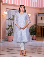 Juniper Women's Grey Floral Printed Chanderi Kurta Set With Lace & Buttons | Grocsy