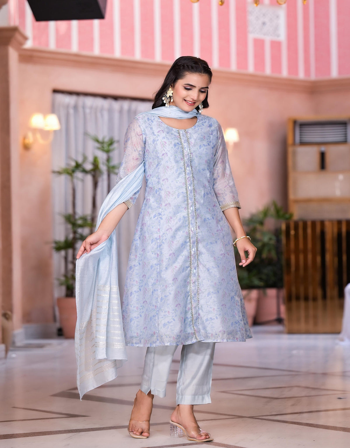 Juniper Women's Grey Floral Printed Chanderi Kurta Set With Lace & Buttons | Grocsy
