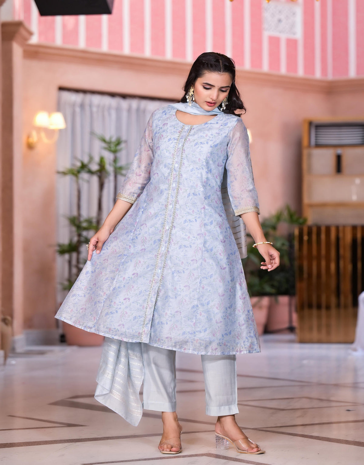 Juniper Women's Grey Floral Printed Chanderi Kurta Set With Lace & Buttons | Grocsy