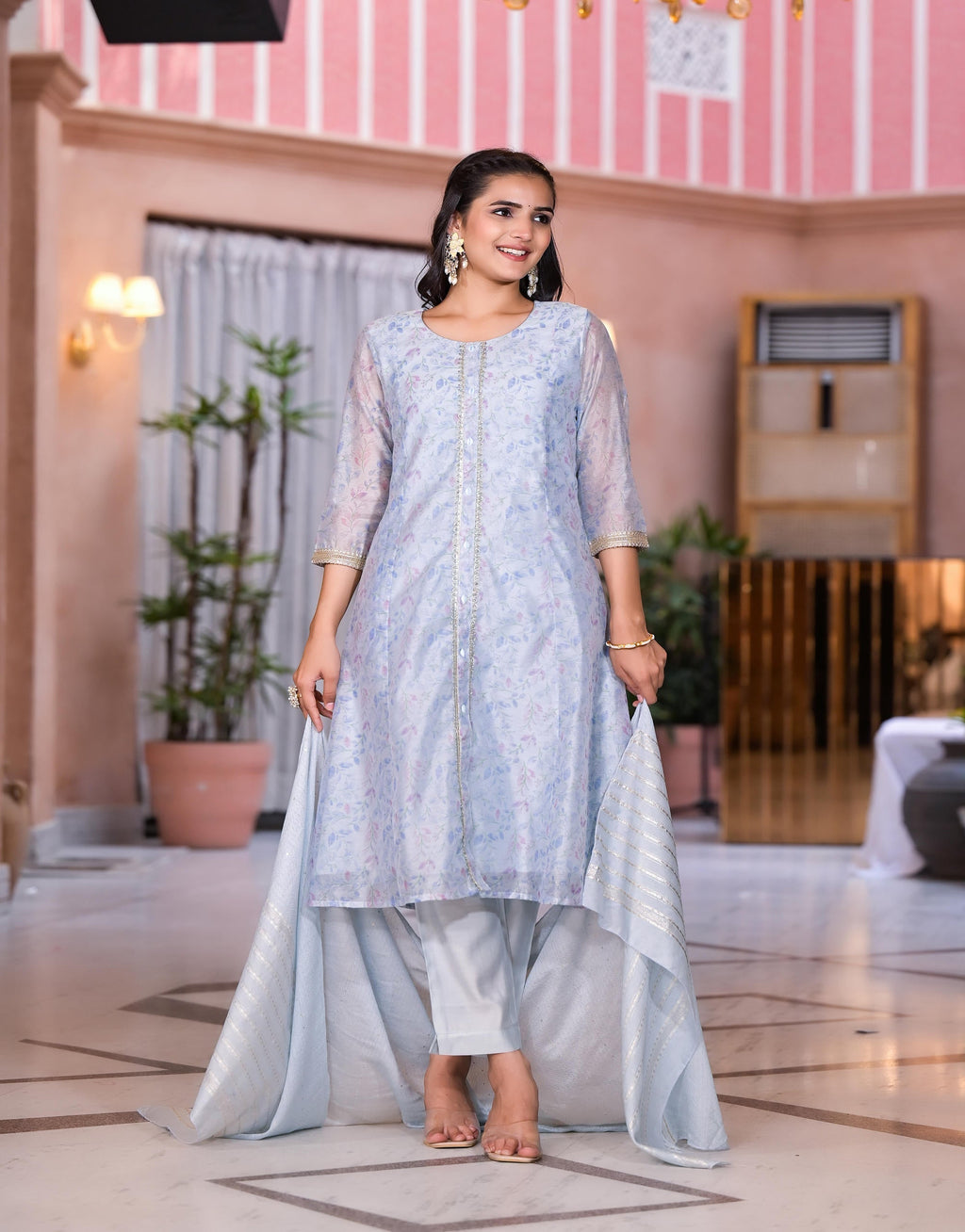 Juniper Women's Grey Floral Printed Chanderi Kurta Set With Lace & Buttons | Grocsy