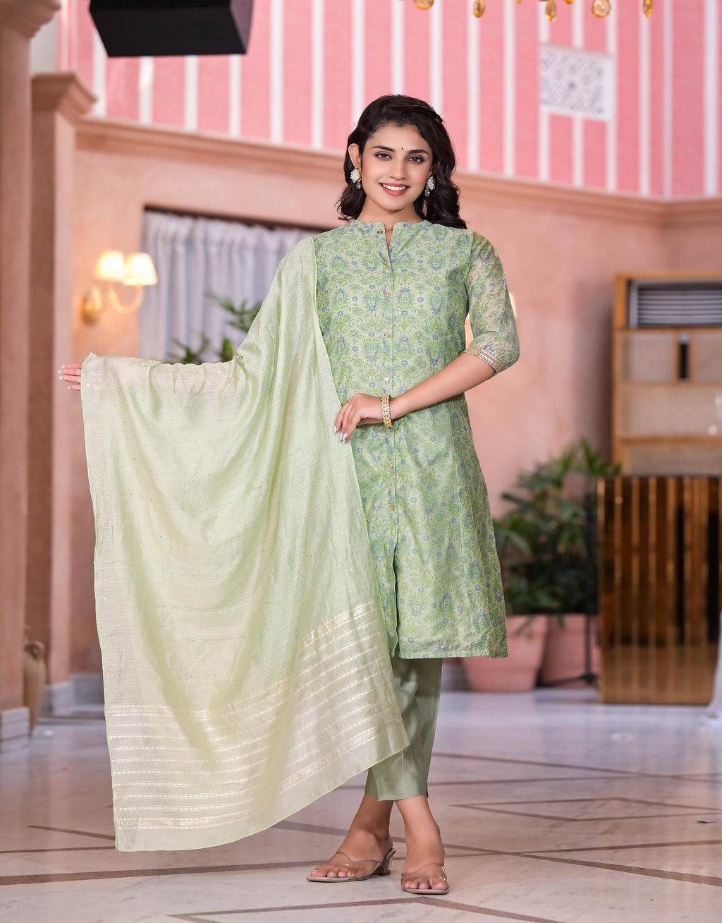 Juniper Women's Green Floral Printed Chanderi Kurta Set With Buttons & Sequins | Grocsy
