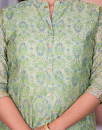 Juniper Women's Green Floral Printed Chanderi Kurta Set With Buttons & Sequins | Grocsy