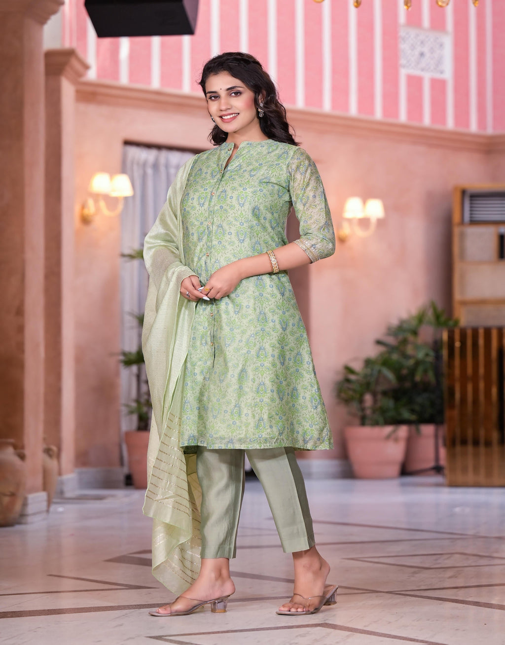 Juniper Women's Green Floral Printed Chanderi Kurta Set With Buttons & Sequins | Grocsy