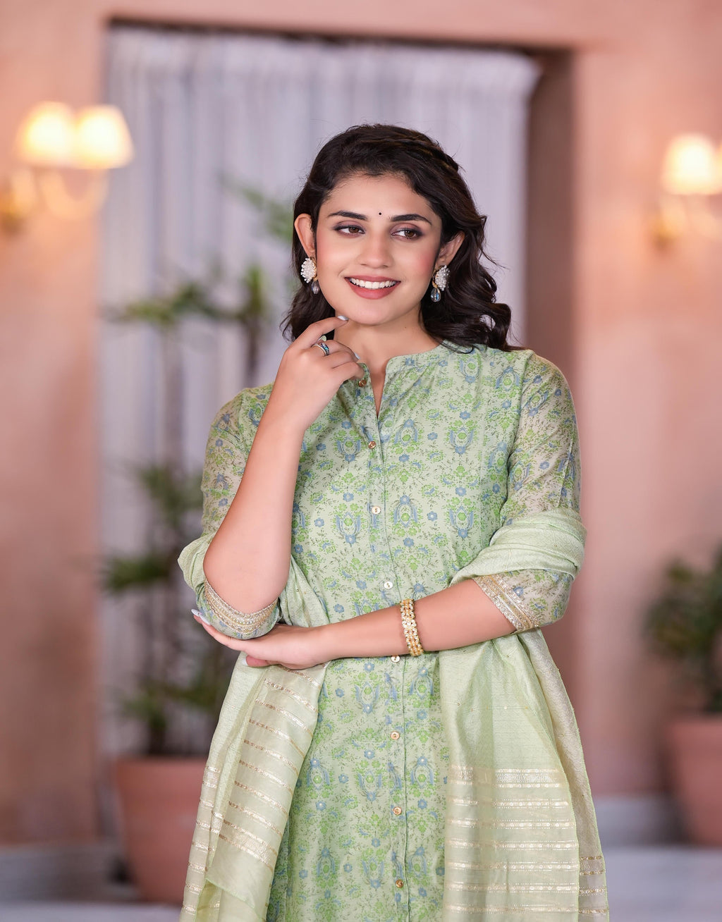Juniper Women's Green Floral Printed Chanderi Kurta Set With Buttons & Sequins | Grocsy