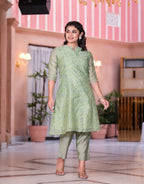 Juniper Women's Green Floral Printed Chanderi Kurta Set With Buttons & Sequins | Grocsy