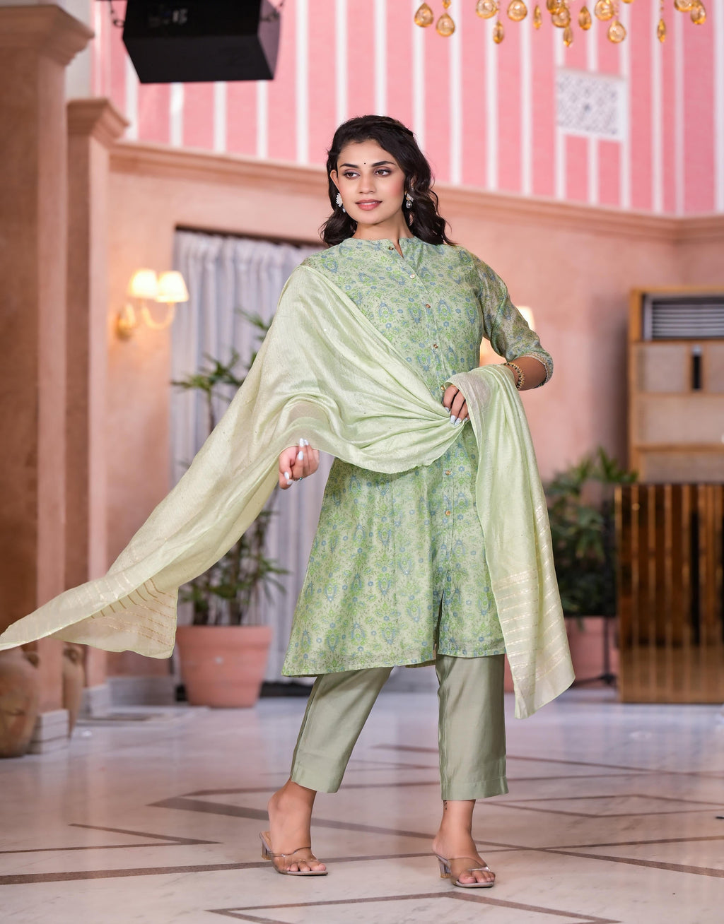 Juniper Women's Green Floral Printed Chanderi Kurta Set With Buttons & Sequins | Grocsy