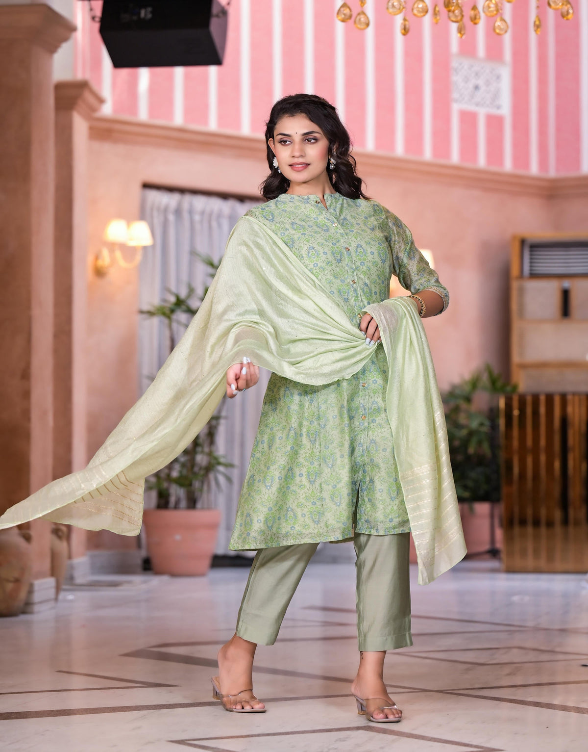 Juniper Women's Green Floral Printed Chanderi Kurta Set With Buttons & Sequins | Grocsy