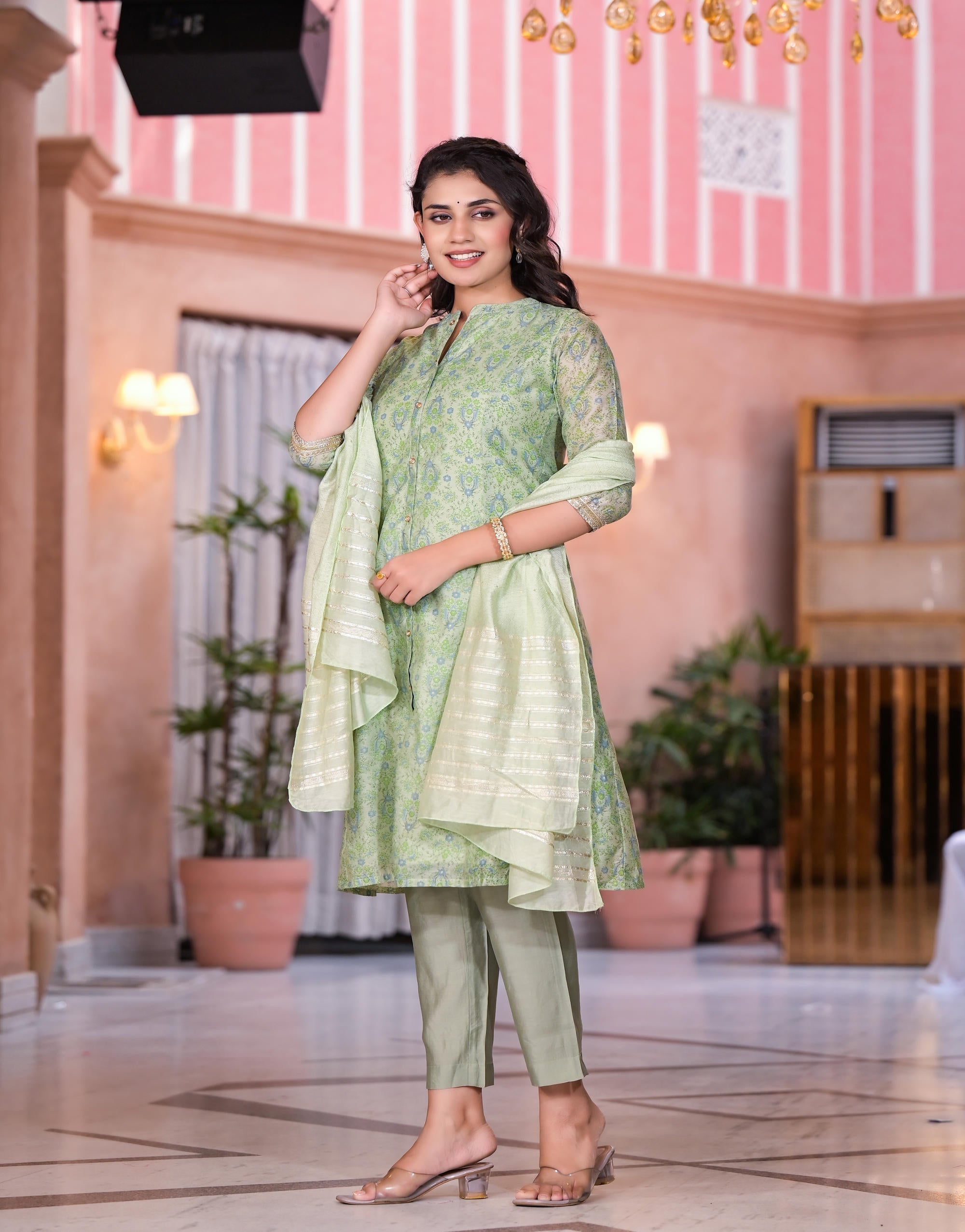 Juniper Women's Green Floral Printed Chanderi Kurta Set With Buttons & Sequins | Grocsy